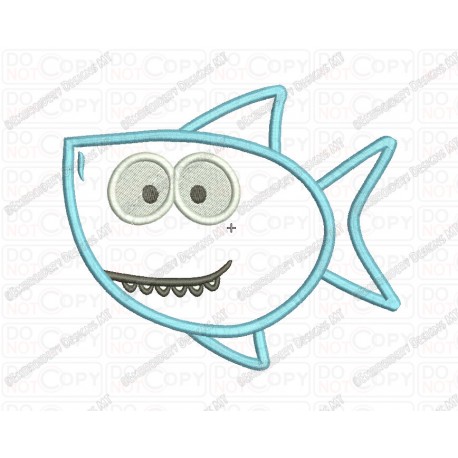 Shark Cute Cartoon Applique Embroidery Design in 3x3 4x4 and 5x7 Sizes