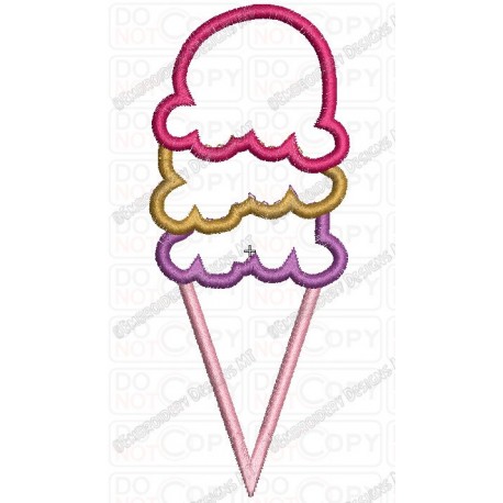 Ice Cream Cone 3 Scoop Applique Embroidery Design in 4x4 and 5x7 Sizes