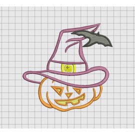 Pumpkin Witch Hat and Bat Halloween Applique Embroidery Design in 4x4 5x5 6x6 and 7x7 Sizes