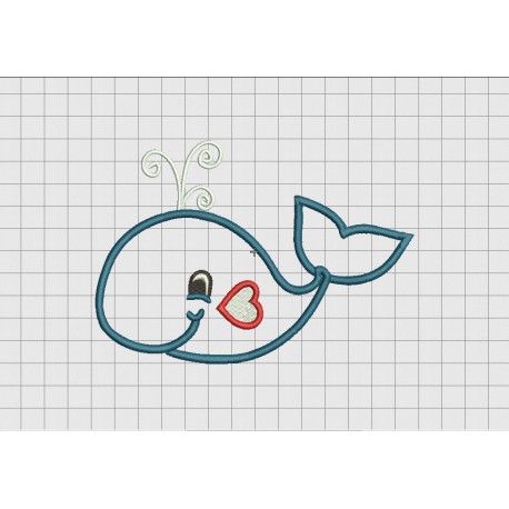 Whale with Heart Applique Embroidery Design in 3x3 4x4 and 5x7 Sizes